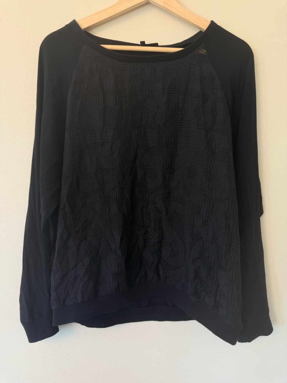 Tibi Black Sheer Textured Pullover Silk Panel Mixed Media Top Size M